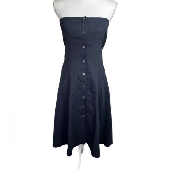 Theory Kayleigh Soft Crunch Linen-Blend Midi Dress Strapless Navy Size 6 - Picture 1 of 12